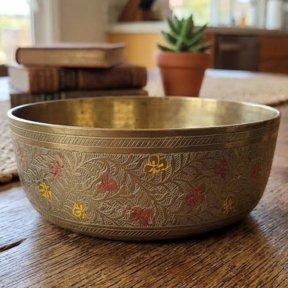 Vintage Etched Brass Floral Bowl with Red and Yellow Enamel Accents 4 Inch